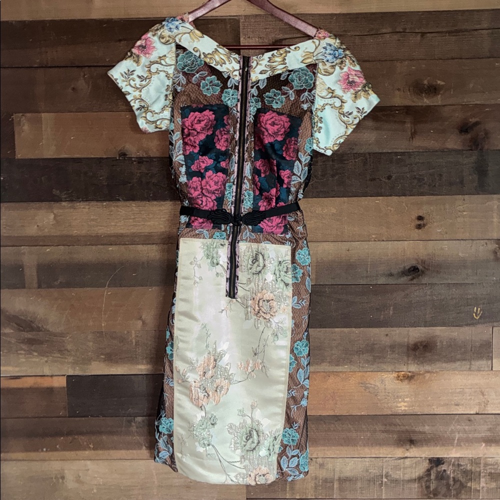 Anthropologie Floral Patchwork Midi Dress in Blue, Pink & Cream